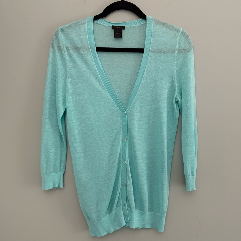 ANN TAYLOR Lightweight Aqua V Neck Cardigan